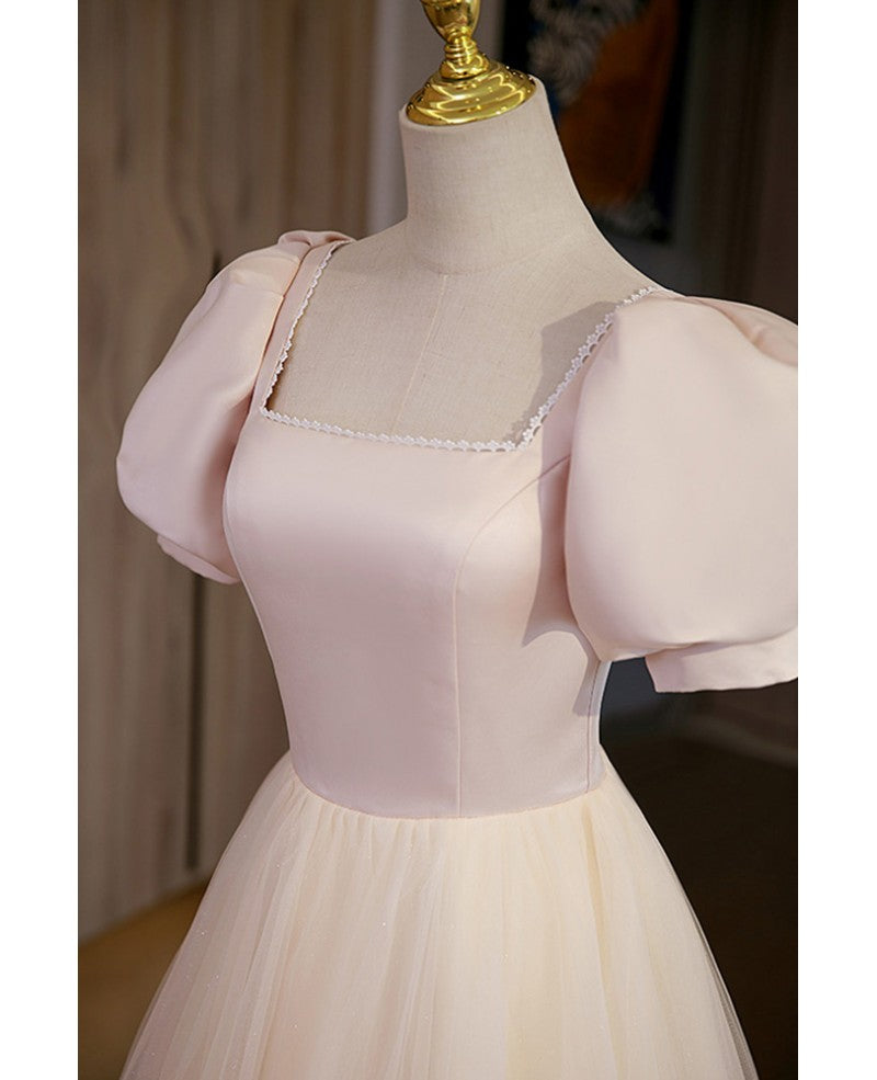 Simple and elegant red pink square neckline fluffy short sleeved ball dress with red pink A-shaped princess backless strap and ground length prom dress